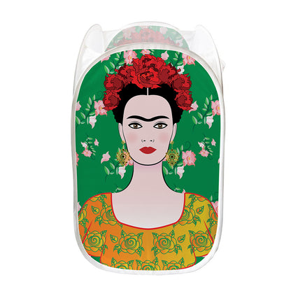 Frida Kahlo And Pink Floral Print Mesh Laundry Hamper