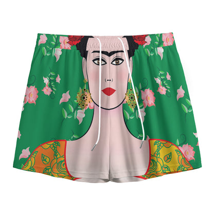 Frida Kahlo And Pink Floral Print Mesh Shorts