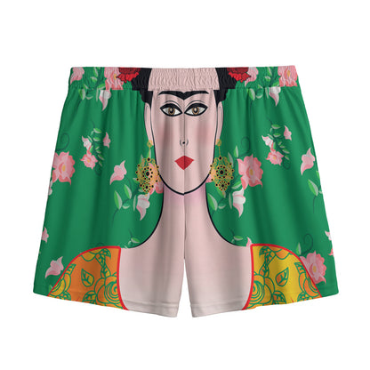 Frida Kahlo And Pink Floral Print Mesh Shorts