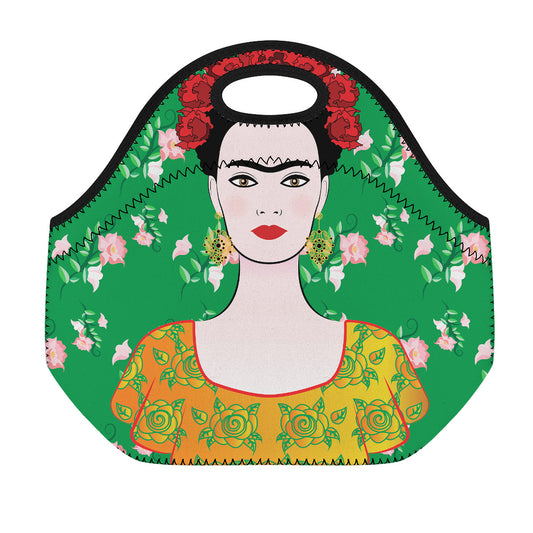 Frida Kahlo And Pink Floral Print Neoprene Lunch Bag