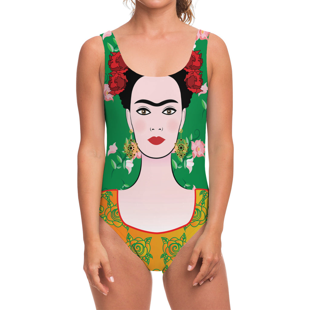 Frida Kahlo And Pink Floral Print One Piece Swimsuit