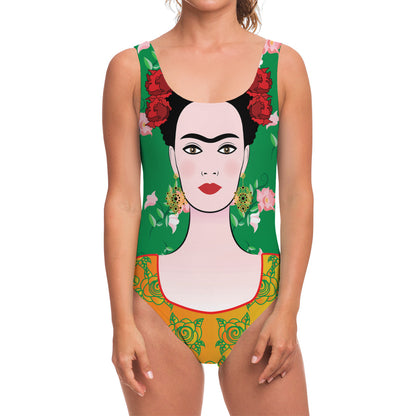 Frida Kahlo And Pink Floral Print One Piece Swimsuit