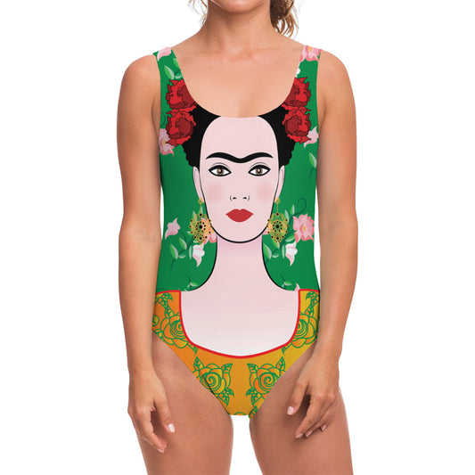 Frida Kahlo And Pink Floral Print One Piece Swimsuit