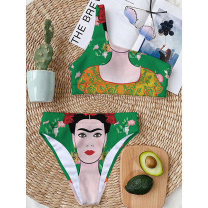 Frida Kahlo And Pink Floral Print One Shoulder Bikini Top