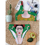 Frida Kahlo And Pink Floral Print One Shoulder Bikini Top