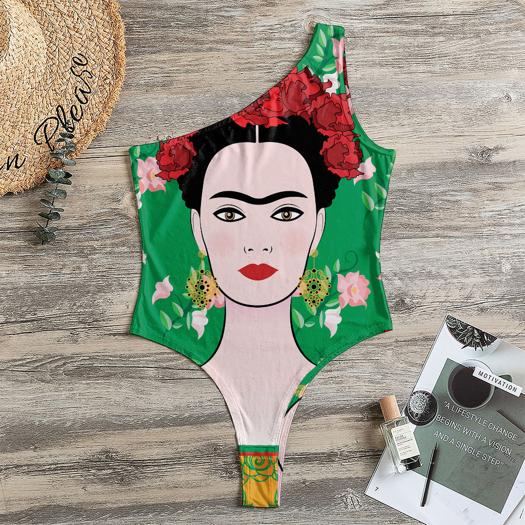 Frida Kahlo And Pink Floral Print One Shoulder Bodysuit