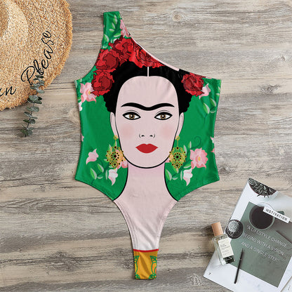 Frida Kahlo And Pink Floral Print One Shoulder Bodysuit