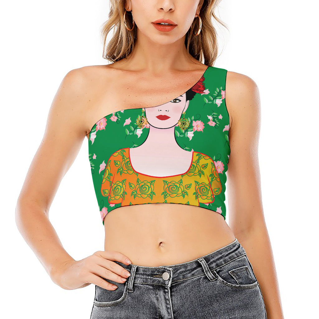 Frida Kahlo And Pink Floral Print One Shoulder Crop Top