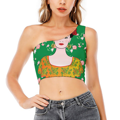 Frida Kahlo And Pink Floral Print One Shoulder Crop Top