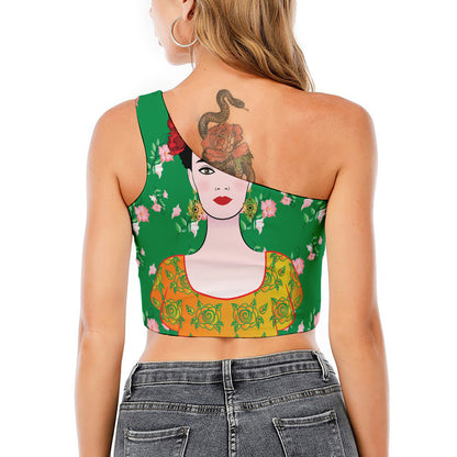 Frida Kahlo And Pink Floral Print One Shoulder Crop Top