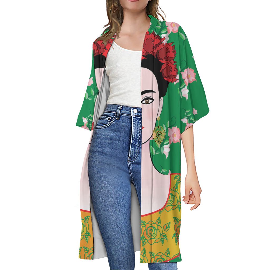 Frida Kahlo And Pink Floral Print Open Front Beach Cover Up