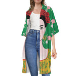 Frida Kahlo And Pink Floral Print Open Front Beach Cover Up