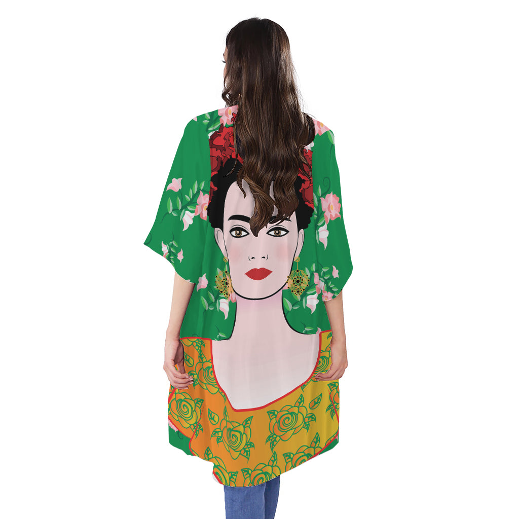 Frida Kahlo And Pink Floral Print Open Front Beach Cover Up