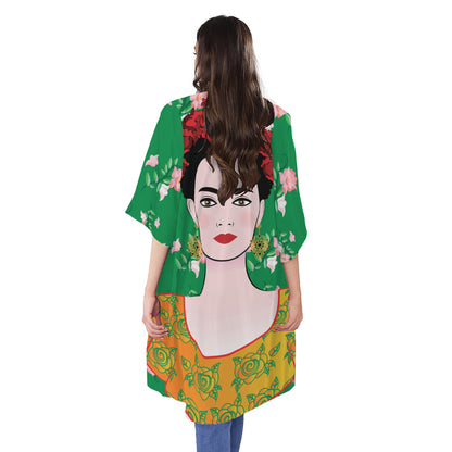 Frida Kahlo And Pink Floral Print Open Front Beach Cover Up