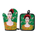 Frida Kahlo And Pink Floral Print Oven Mitt And Pot Holder Set