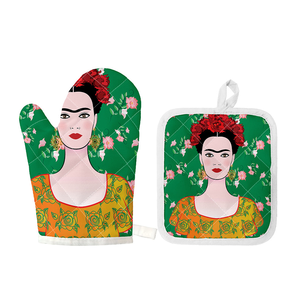 Frida Kahlo And Pink Floral Print Oven Mitt And Pot Holder Set