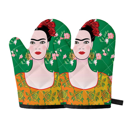 Frida Kahlo And Pink Floral Print Oven Mitts