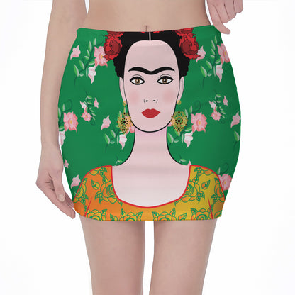 Frida Kahlo And Pink Floral Print Pencil Mini Skirt