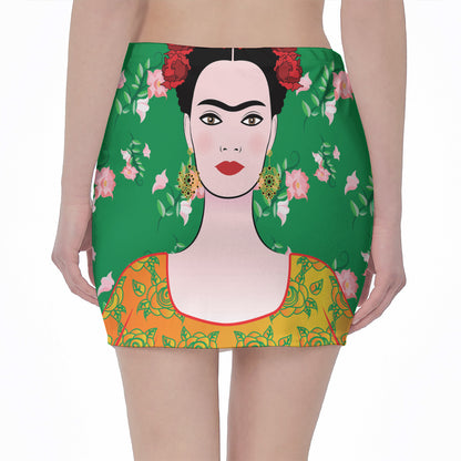 Frida Kahlo And Pink Floral Print Pencil Mini Skirt