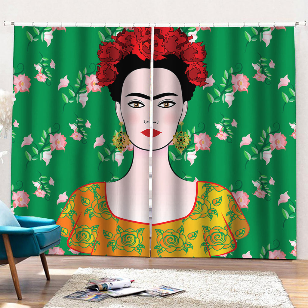 Frida Kahlo And Pink Floral Print Pencil Pleat Curtains