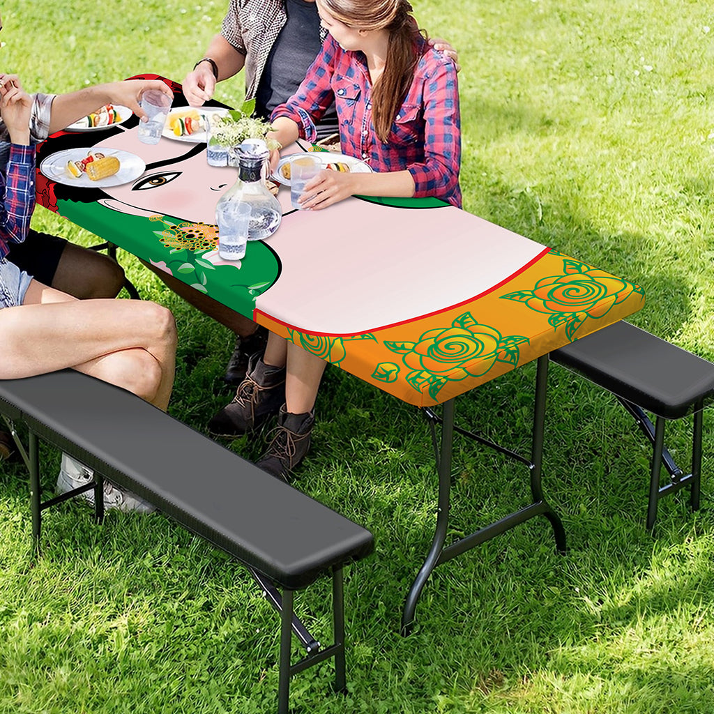 Frida Kahlo And Pink Floral Print Picnic Table Cover