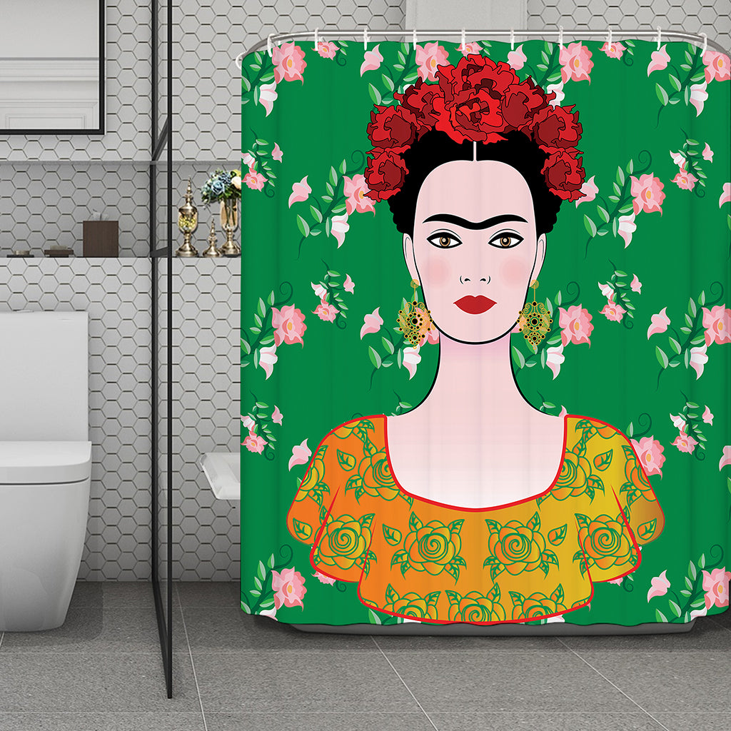 Frida Kahlo And Pink Floral Print Polyester Shower Curtain