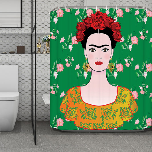 Frida Kahlo And Pink Floral Print Polyester Shower Curtain