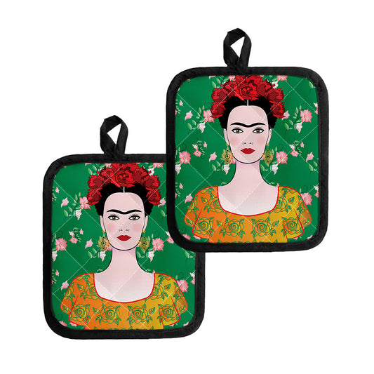 Frida Kahlo And Pink Floral Print Pot Holders