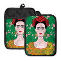 Frida Kahlo And Pink Floral Print Pot Holders With Pocket