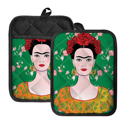 Frida Kahlo And Pink Floral Print Pot Holders With Pocket