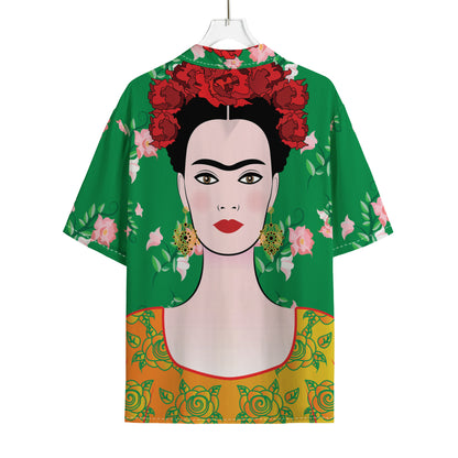 Frida Kahlo And Pink Floral Print Rayon Hawaiian Shirt