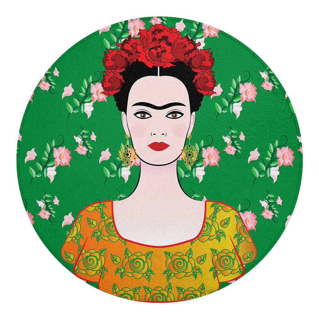 Frida Kahlo And Pink Floral Print Round Blanket