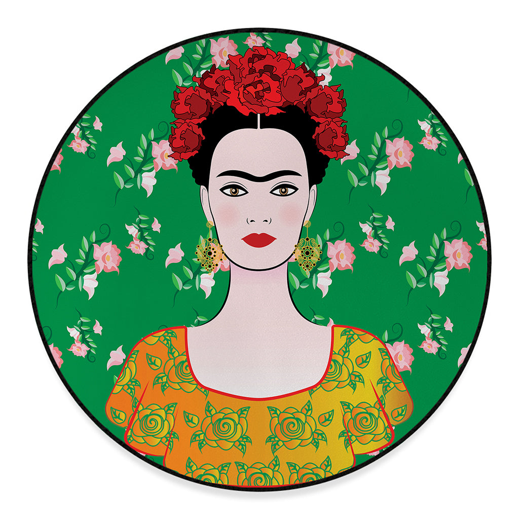 Frida Kahlo And Pink Floral Print Round Floor Mat