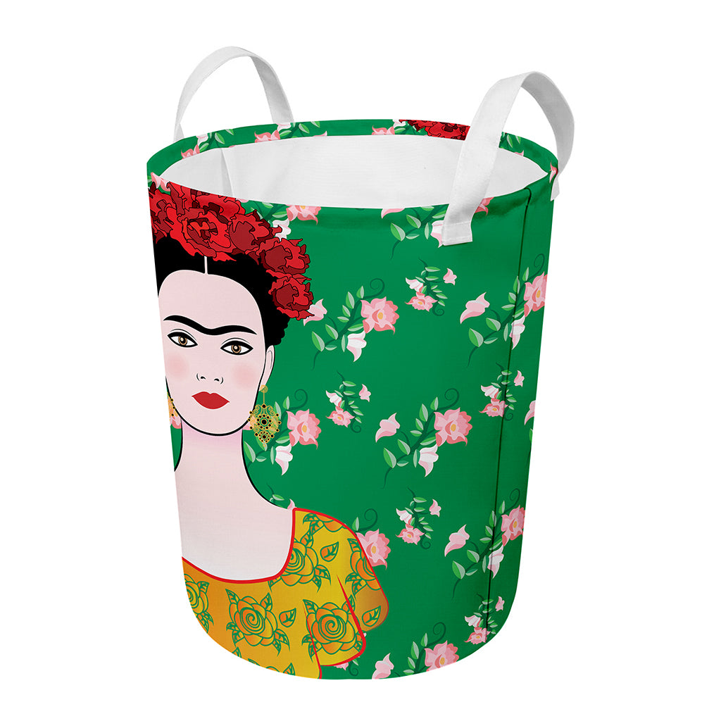 Frida Kahlo And Pink Floral Print Round Laundry Basket