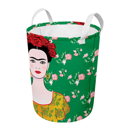 Frida Kahlo And Pink Floral Print Round Laundry Basket