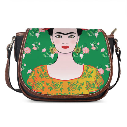 Frida Kahlo And Pink Floral Print Saddle Bag