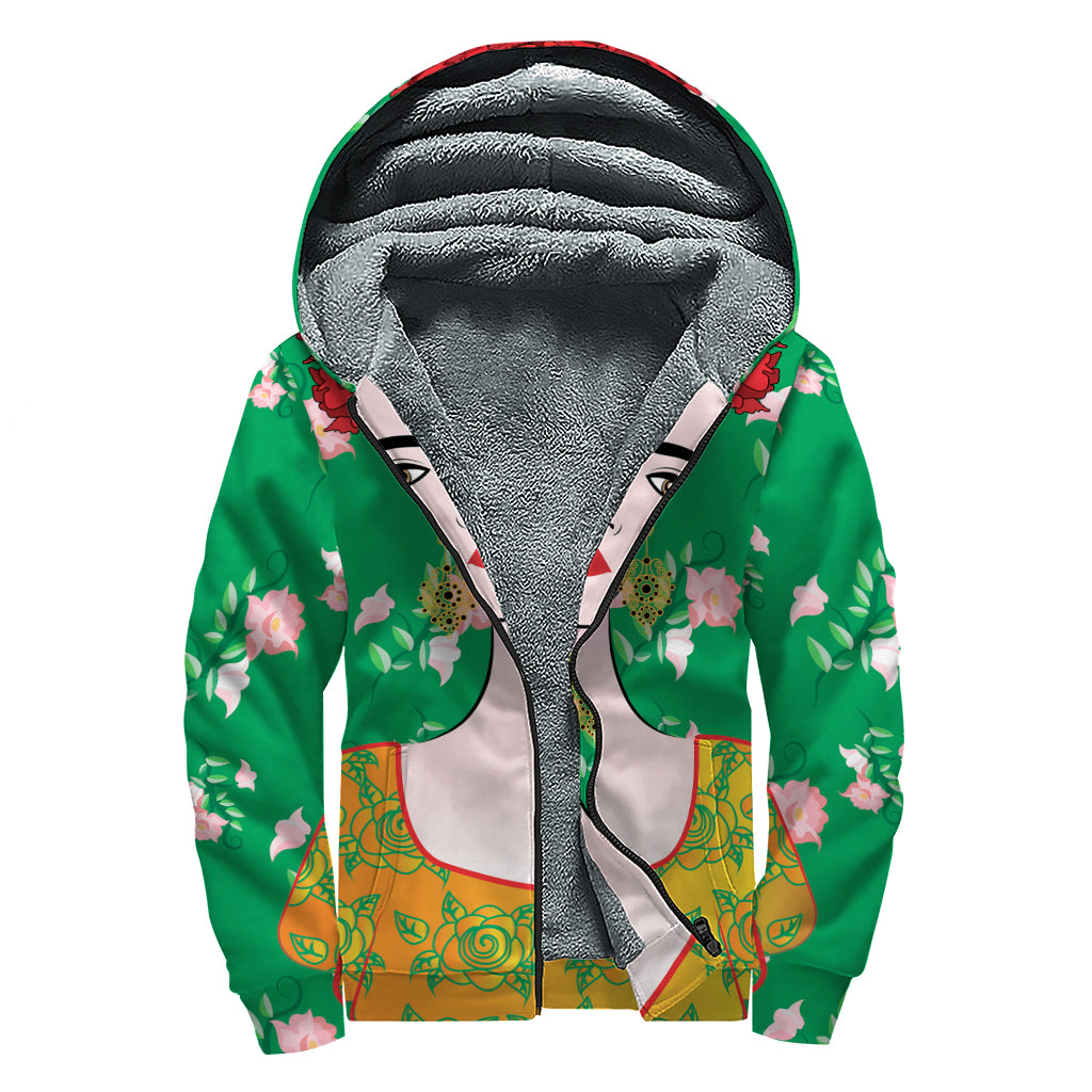 Frida Kahlo And Pink Floral Print Sherpa Lined Zip Up Hoodie