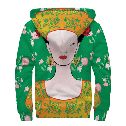 Frida Kahlo And Pink Floral Print Sherpa Lined Zip Up Hoodie