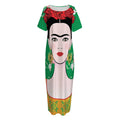 Frida Kahlo And Pink Floral Print Short Sleeve Long Nightdress