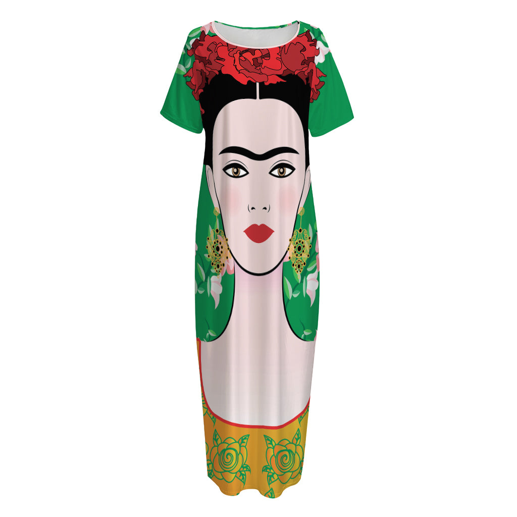 Frida Kahlo And Pink Floral Print Short Sleeve Long Nightdress