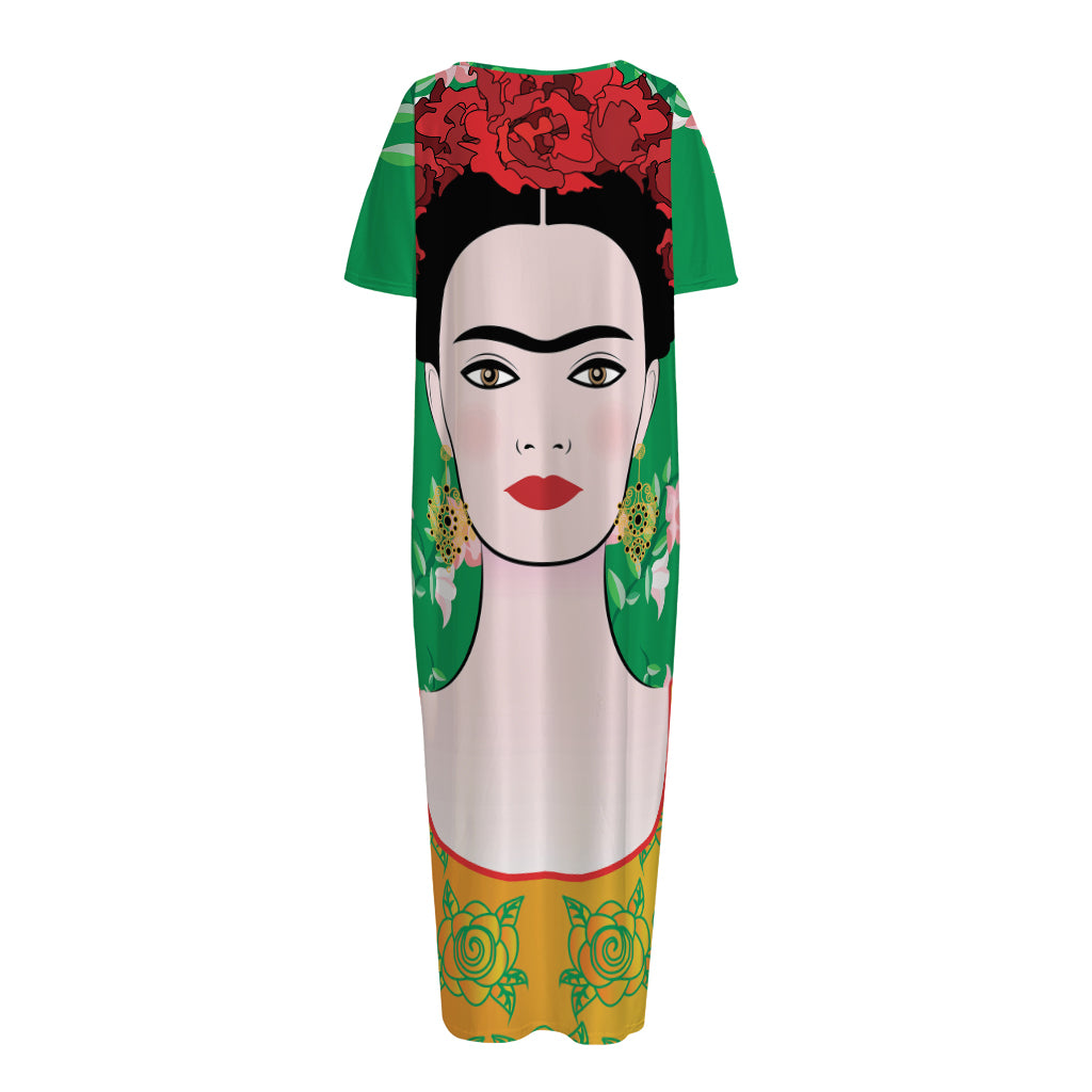 Frida Kahlo And Pink Floral Print Short Sleeve Long Nightdress