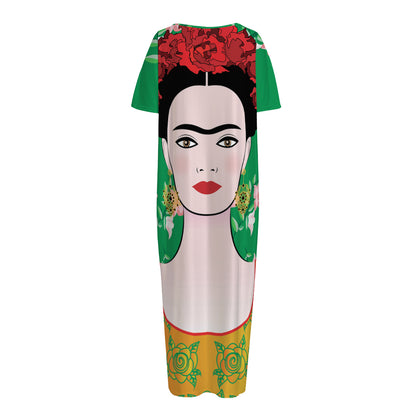 Frida Kahlo And Pink Floral Print Short Sleeve Long Nightdress
