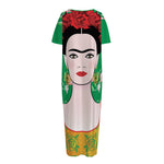Frida Kahlo And Pink Floral Print Short Sleeve Long Nightdress