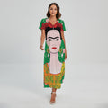 Frida Kahlo And Pink Floral Print Short Sleeve Maxi Dress