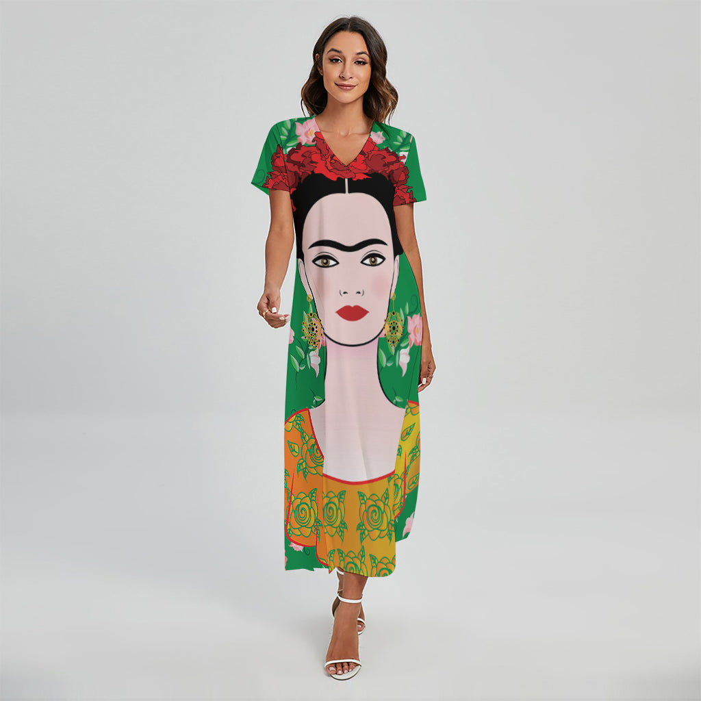 Frida Kahlo And Pink Floral Print Short Sleeve Maxi Dress