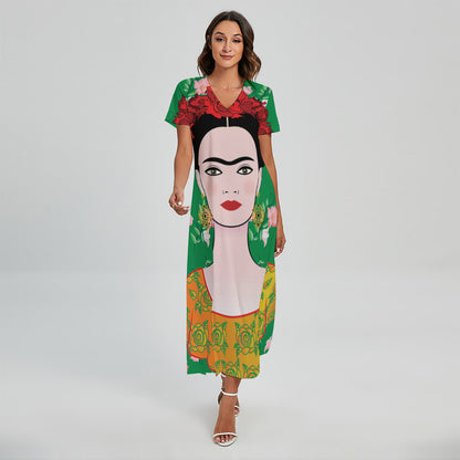 Frida Kahlo And Pink Floral Print Short Sleeve Maxi Dress