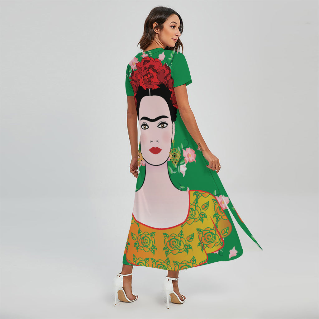 Frida Kahlo And Pink Floral Print Short Sleeve Maxi Dress