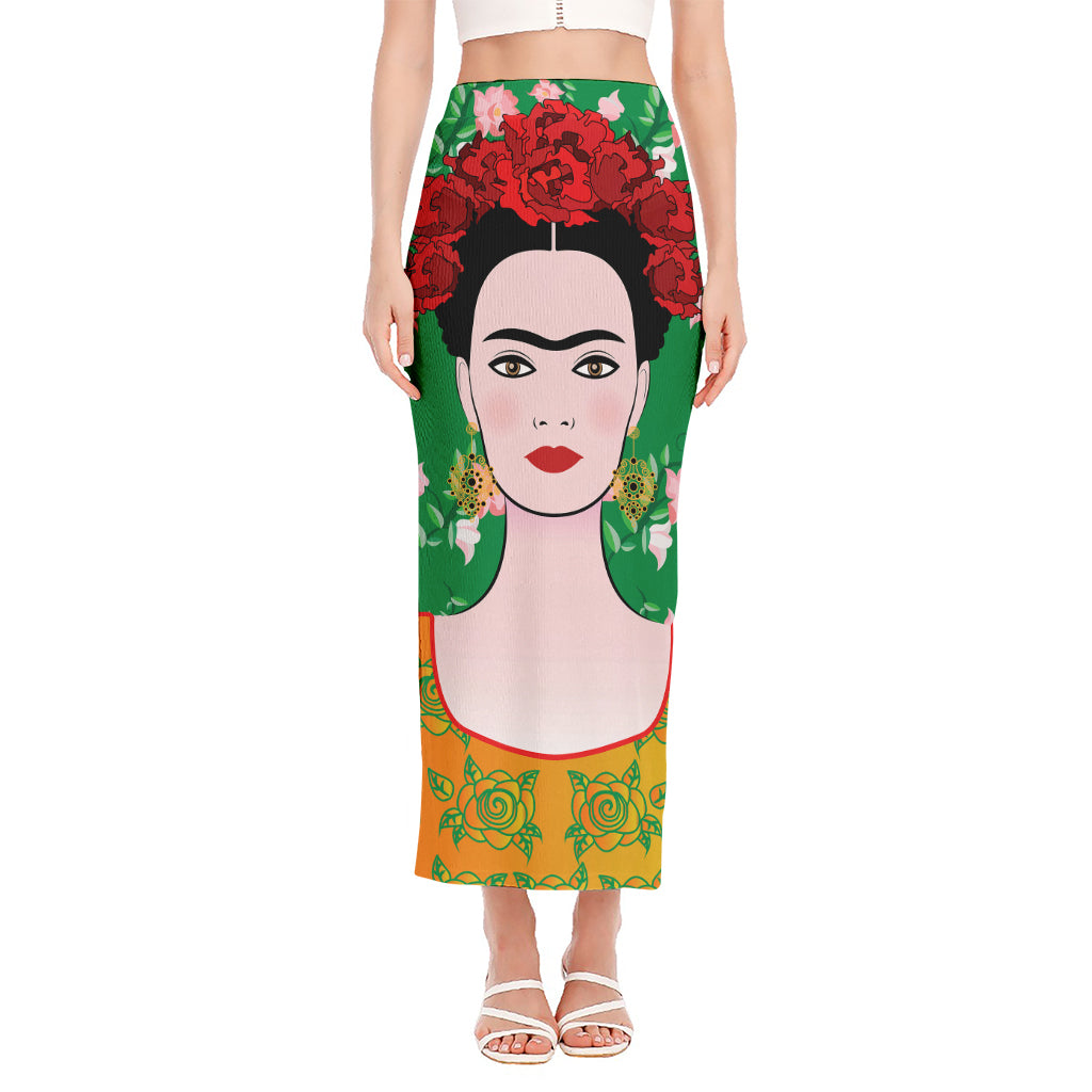 Frida Kahlo And Pink Floral Print Side Slit Maxi Skirt