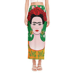 Frida Kahlo And Pink Floral Print Side Slit Maxi Skirt