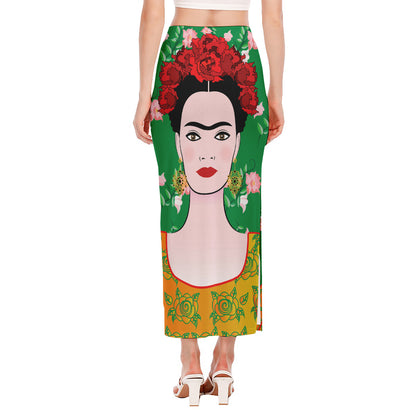 Frida Kahlo And Pink Floral Print Side Slit Maxi Skirt